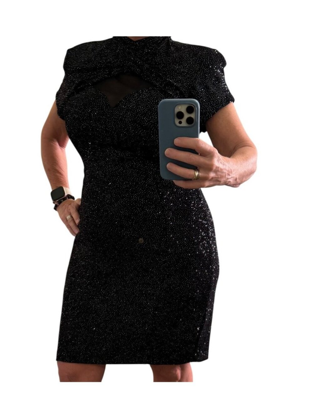 Evening Dress Womens 12 Curvy Black Mini Illusion Elegant Sparkle VTG Night Way - Picture 5 of 15